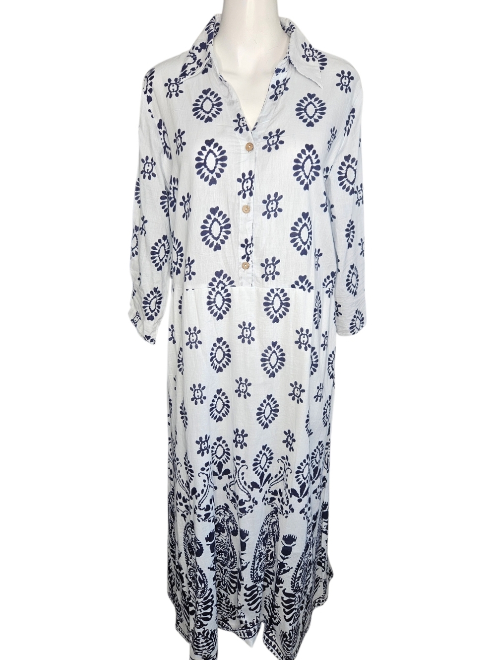 Mlle Gabrielle Blue White Boho Midi Dress Coastal Grandma Resort 3/4 Sleeve LG - Picture 2 of 12